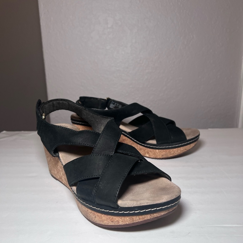 Clarks Collection Black Suede Strappy Wedge Sandals Women Size 9.5